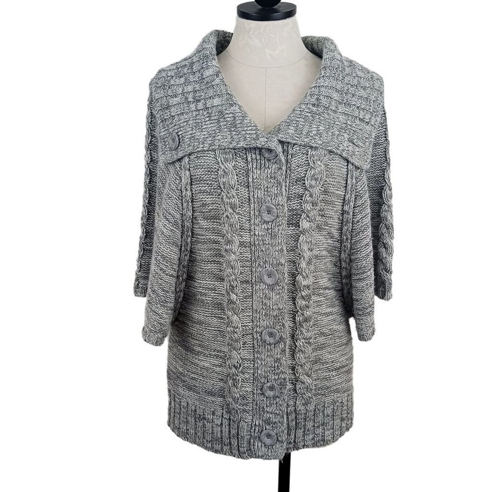 Carolyn Taylor Grey Chunky Cable Knit Short Sleeve Fall Cardigan Sweater L